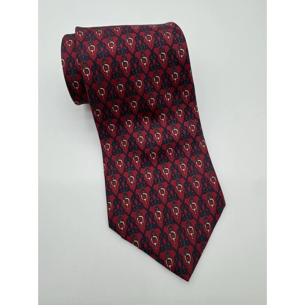 Bert Pulitzer Silk‎ Tie Red Equestrian Horseshoe Chain Pattern Made in USA